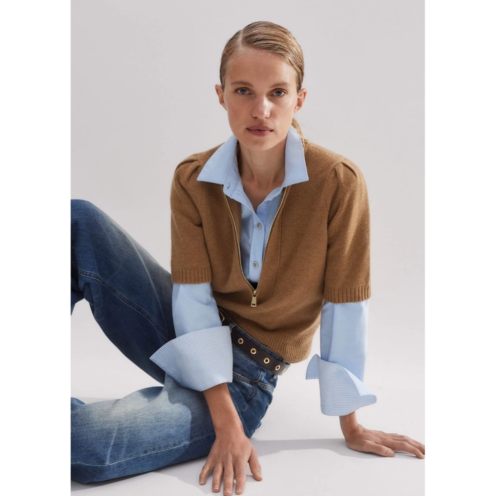 NWT ME+EM Cashmere Zip Neck Pouf Sleeve Tee